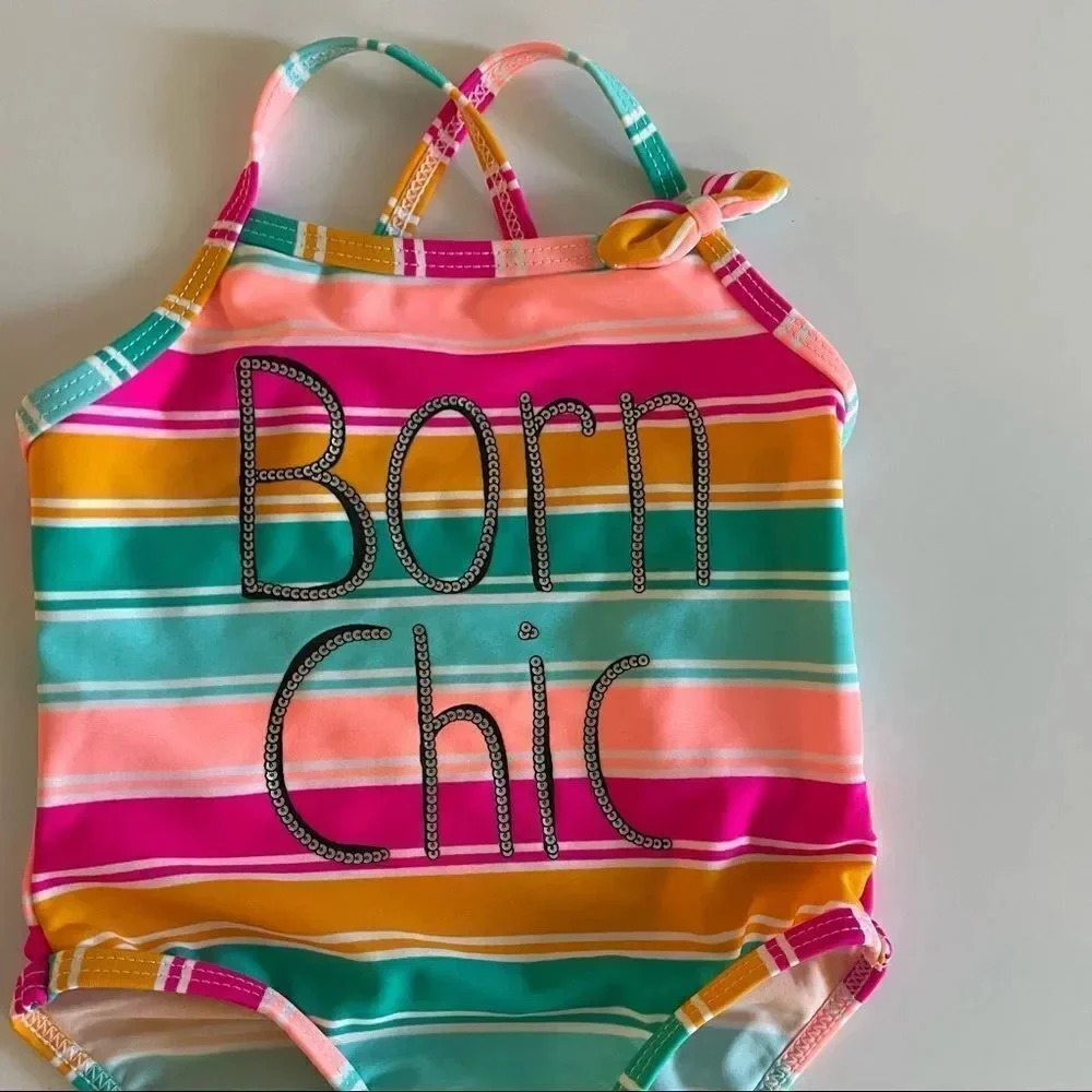 Koala Kids multi color bathing suit w/ “Born Chic” wording - Picture 4 of 10